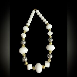 Trifari White Beaded Necklace with Gold & Silver Accents